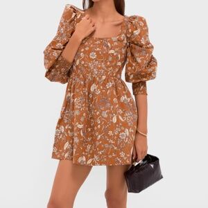 HYACINTH HOUSE Burnt Orange Floral Square Neck Spencer Mini Dress